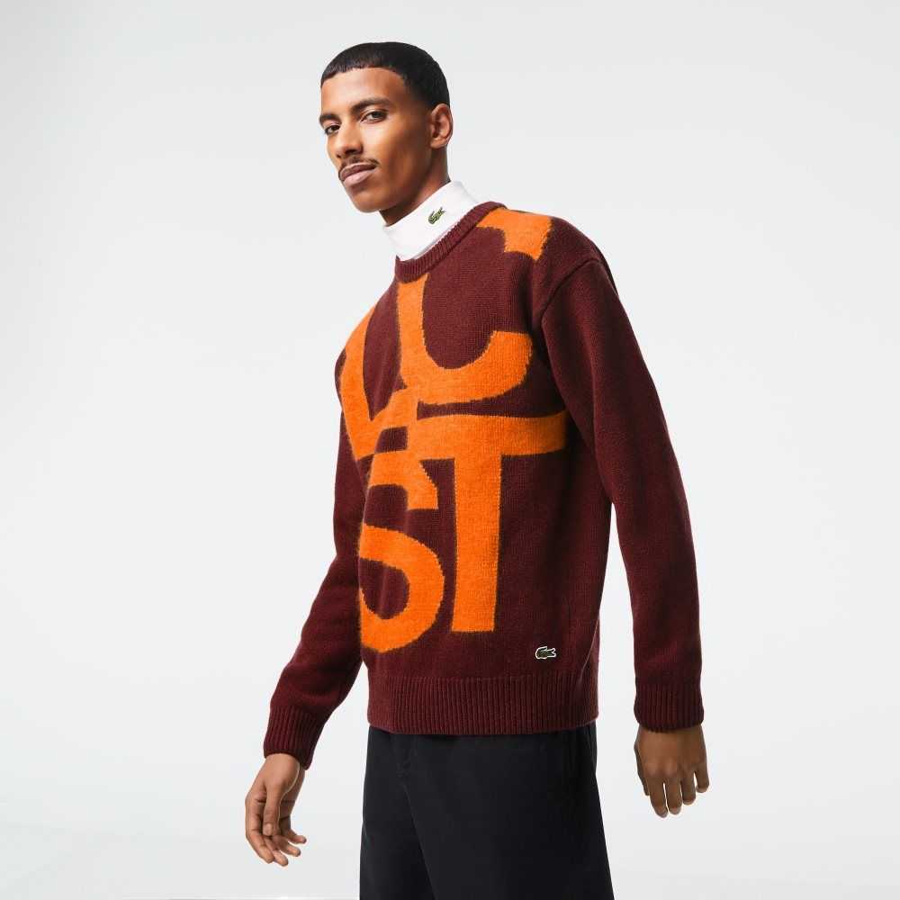 Lacoste Classic Fit Contrast Lettering Wool Sweater Bordeaux / Orange | QAU-342196