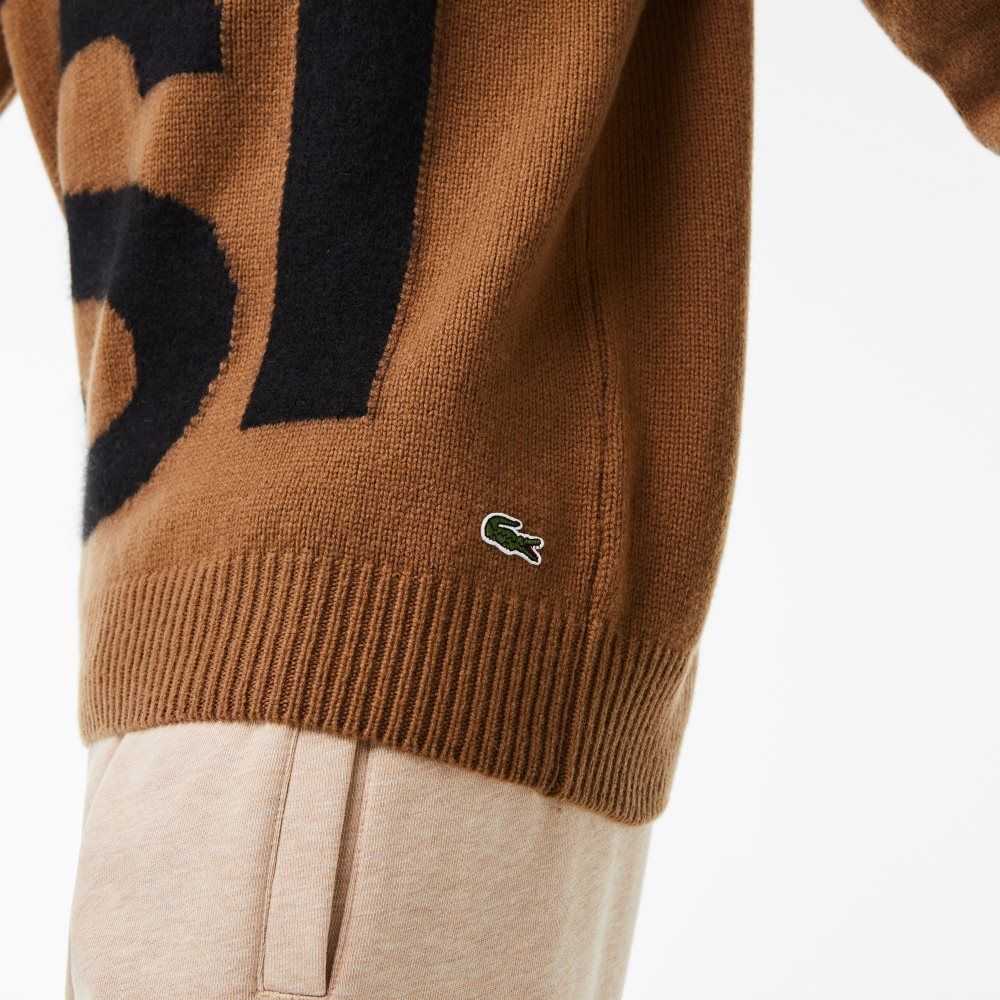 Lacoste Classic Fit Contrast Lettering Wool Sweater Brown / Black | ZDX-428706