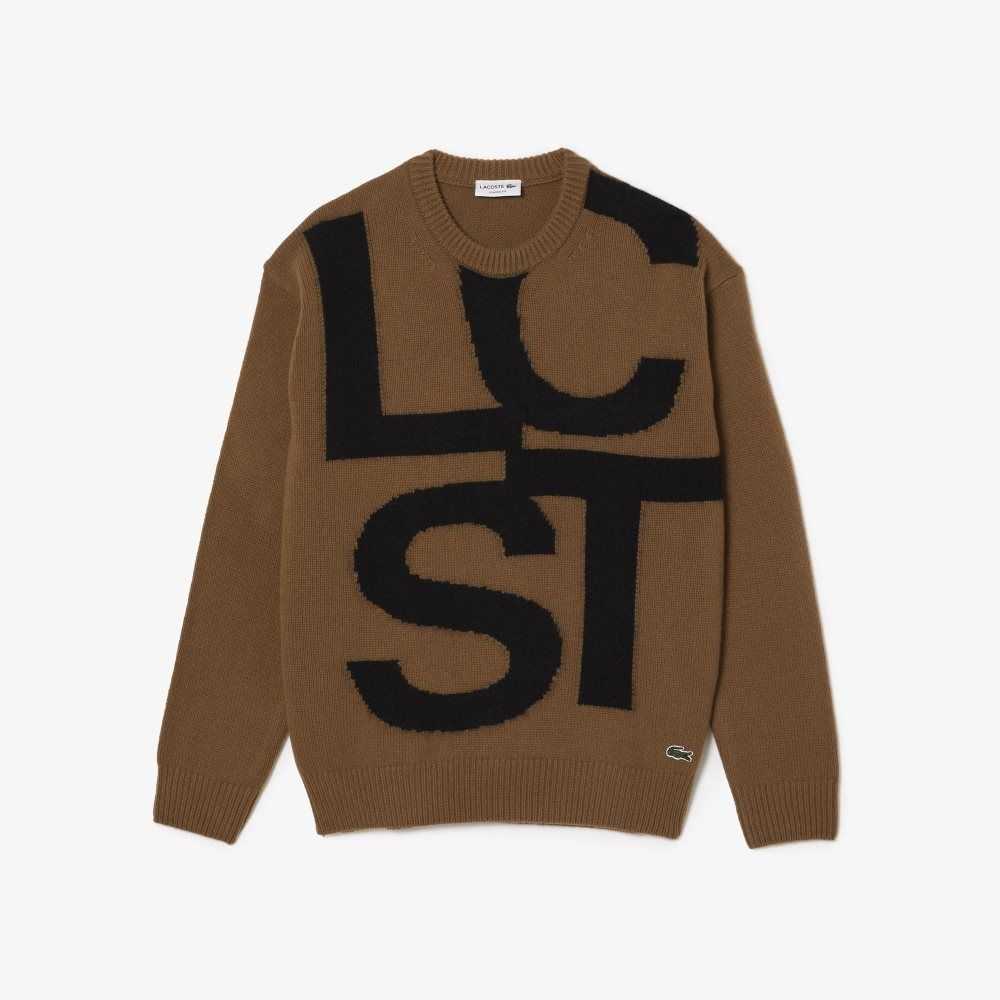 Lacoste Classic Fit Contrast Lettering Wool Sweater Brown / Black | ZDX-428706