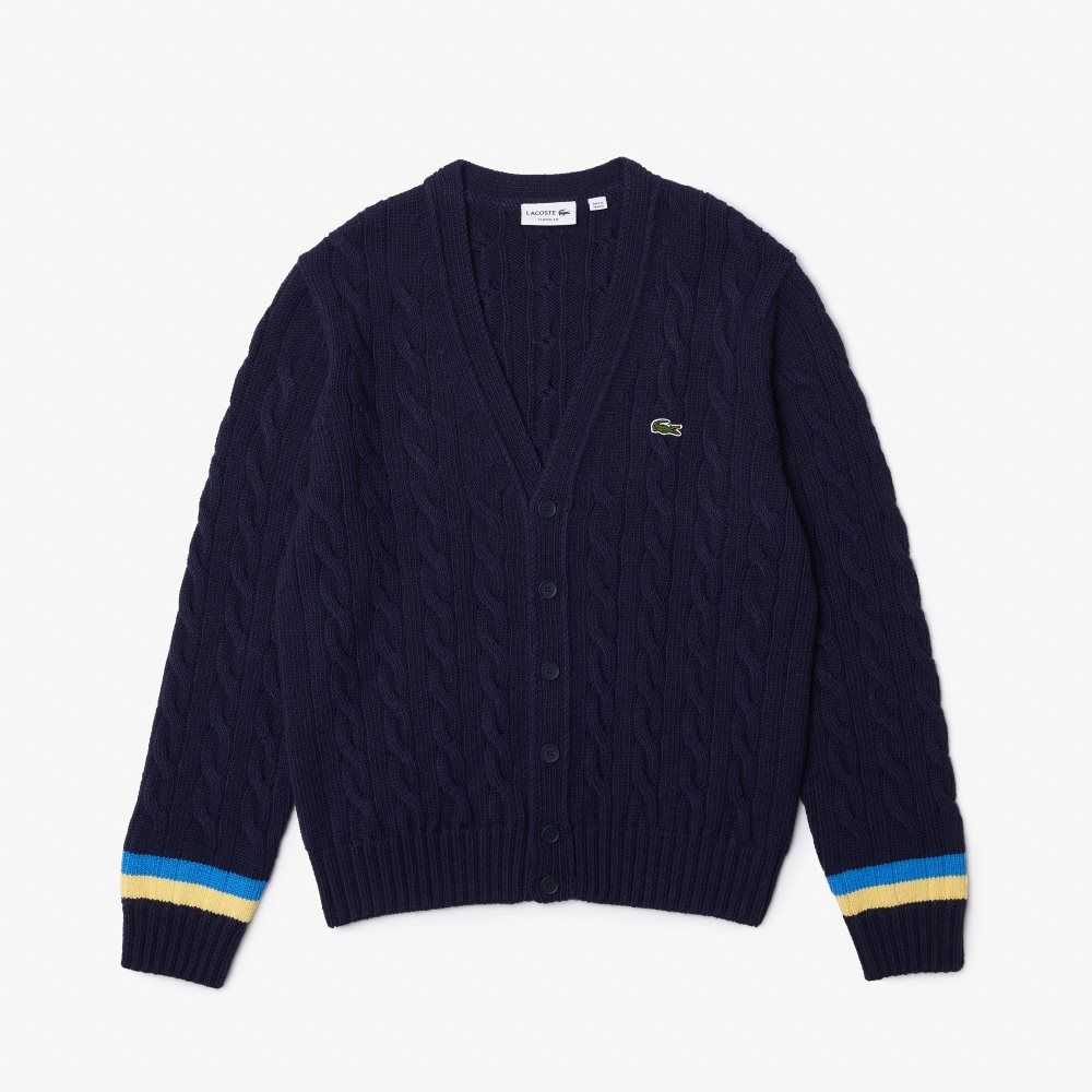 Lacoste Classic Fit Contrast Striped Cardigan Navy Blue / Yellow / Blue | RLC-216490