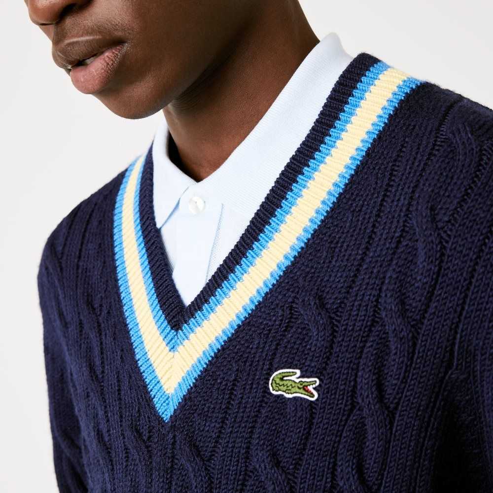 Lacoste Classic Fit Contrast Striped Wool Sweater Navy Blue / Yellow / Blue | AZC-375064