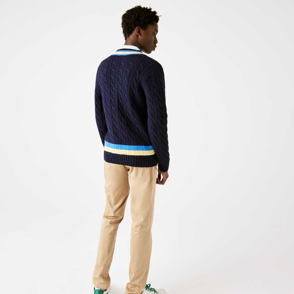 Lacoste Classic Fit Contrast Striped Wool Sweater Navy Blue / Yellow / Blue | AZC-375064