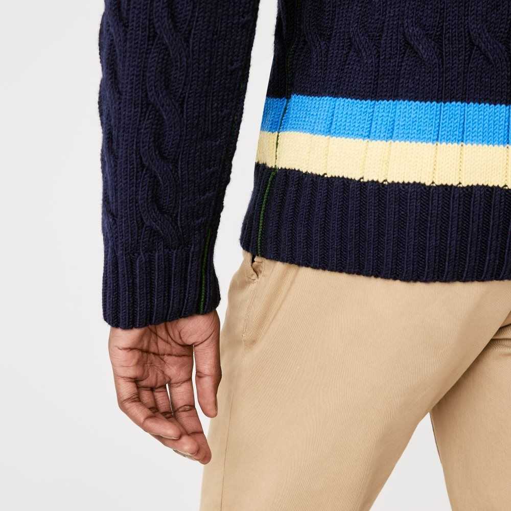 Lacoste Classic Fit Contrast Striped Wool Sweater Navy Blue / Yellow / Blue | AZC-375064