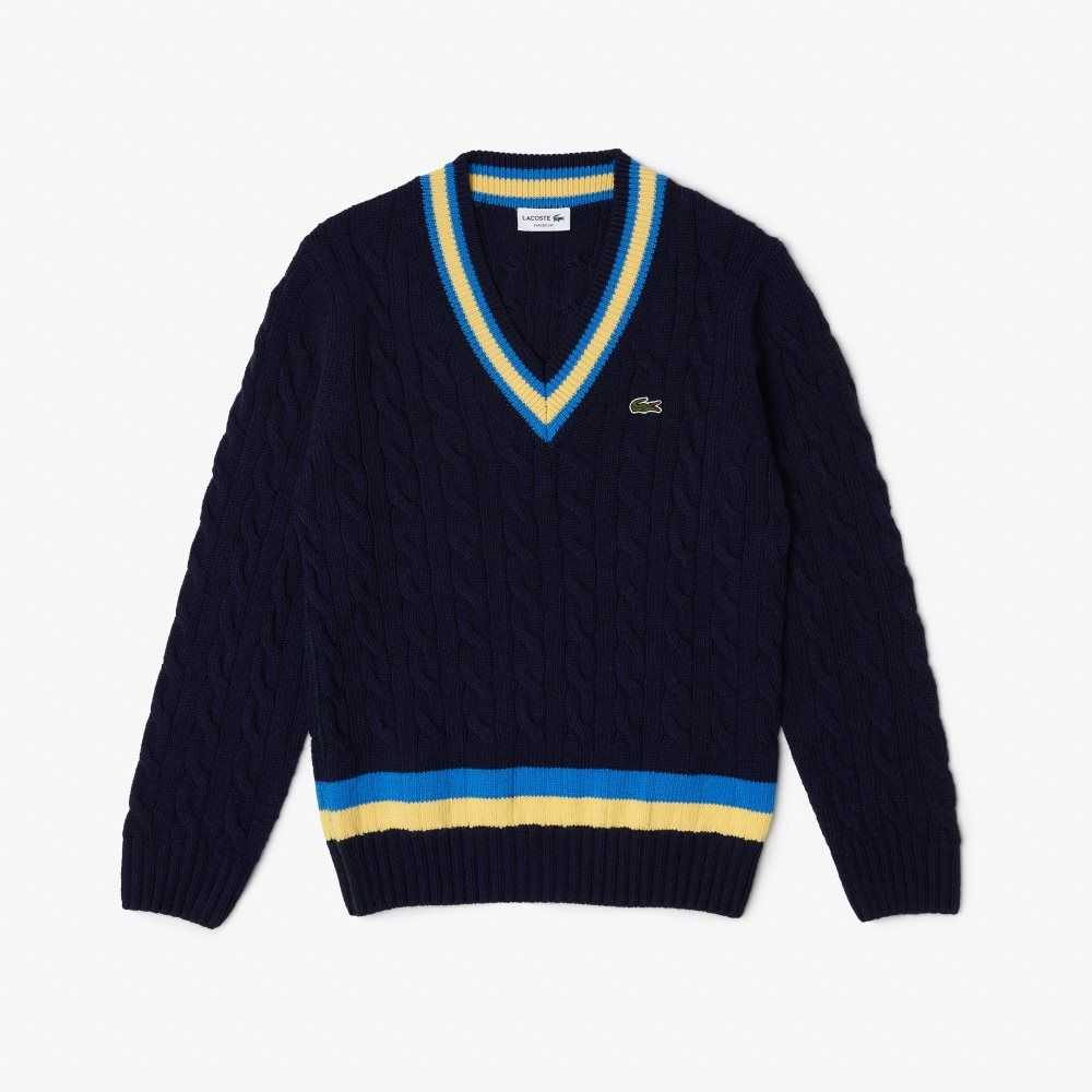 Lacoste Classic Fit Contrast Striped Wool Sweater Navy Blue / Yellow / Blue | AZC-375064