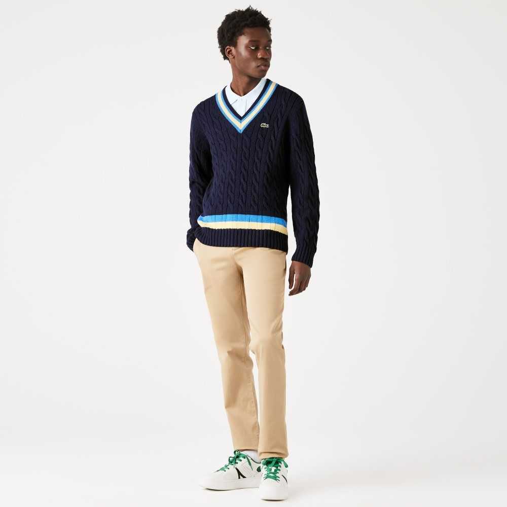 Lacoste Classic Fit Contrast Striped Wool Sweater Navy Blue / Yellow / Blue | AZC-375064