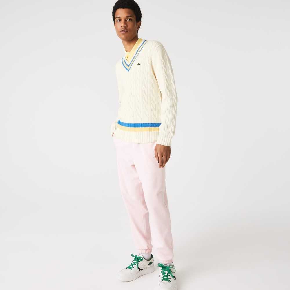 Lacoste Classic Fit Contrast Striped Wool Sweater White / Yellow / Blue | VOH-426108