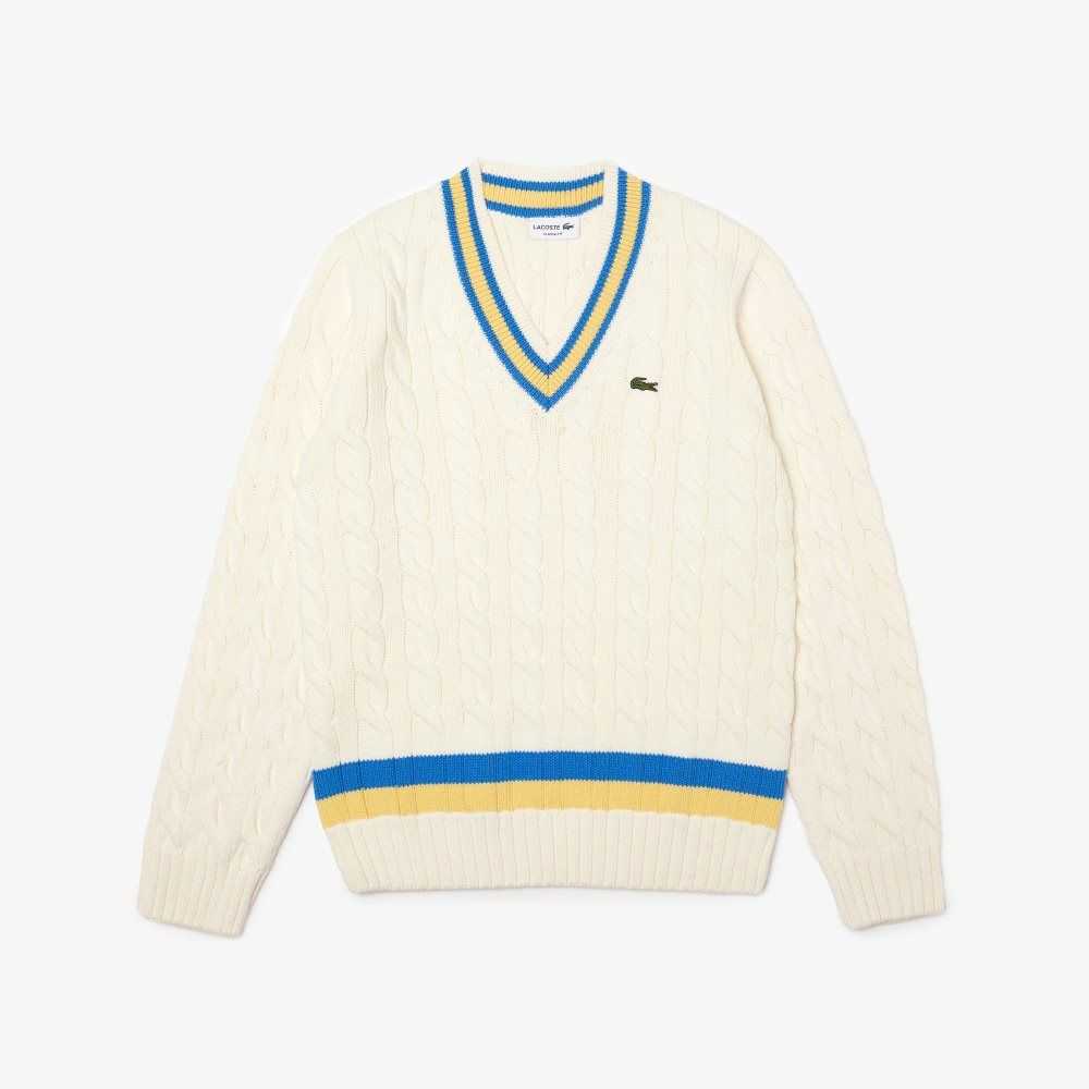 Lacoste Classic Fit Contrast Striped Wool Sweater White / Yellow / Blue | VOH-426108