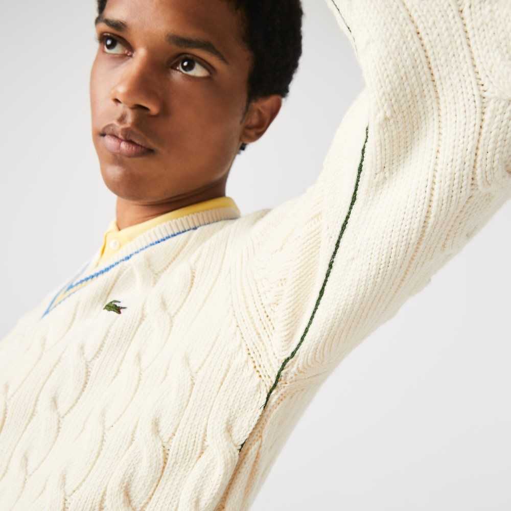 Lacoste Classic Fit Contrast Striped Wool Sweater White / Yellow / Blue | VOH-426108