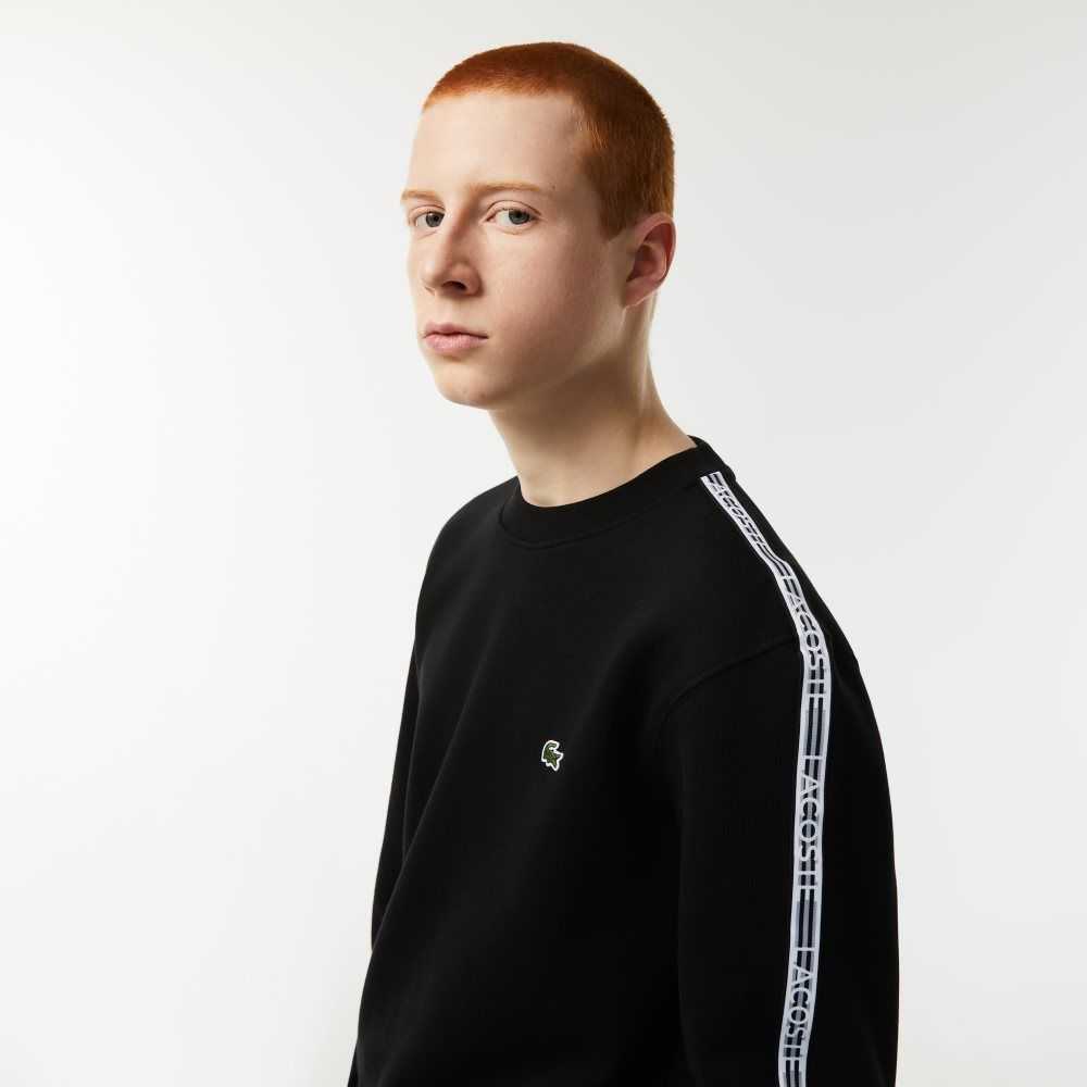 Lacoste Classic Fit Logo Stripe Flannel Sweatshirt Black | GLP-097862