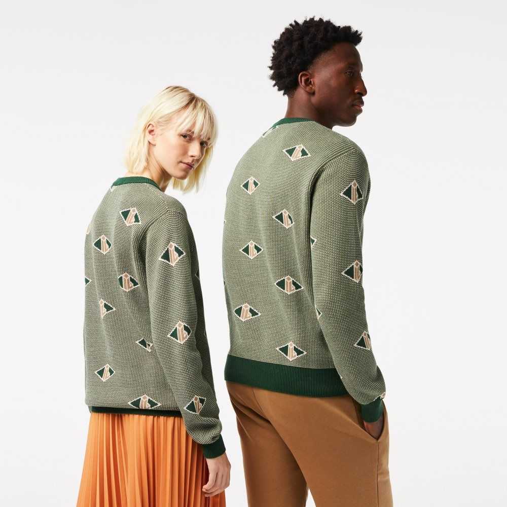 Lacoste Classic Fit Monogram Pattern Sweater Green / Beige / White | JUW-496201