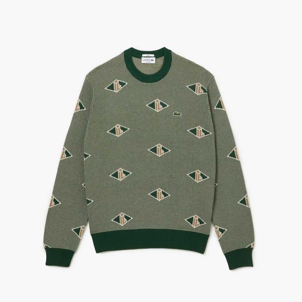 Lacoste Classic Fit Monogram Pattern Sweater Green / Beige / White | JUW-496201