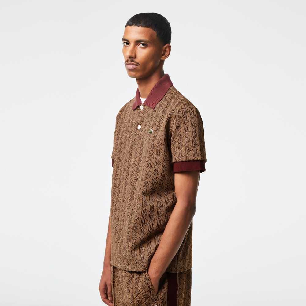 Lacoste Classic Fit Monogram Print Polo Beige / Bordeaux | YBQ-471652