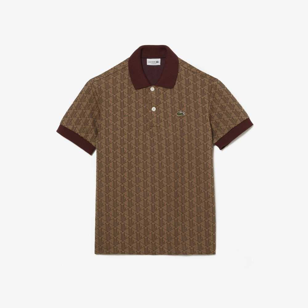 Lacoste Classic Fit Monogram Print Polo Beige / Bordeaux | YBQ-471652