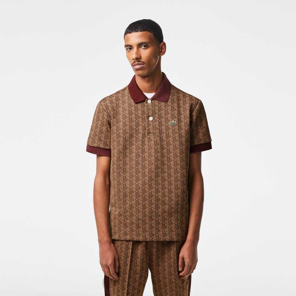 Lacoste Classic Fit Monogram Print Polo Beige / Bordeaux | YBQ-471652