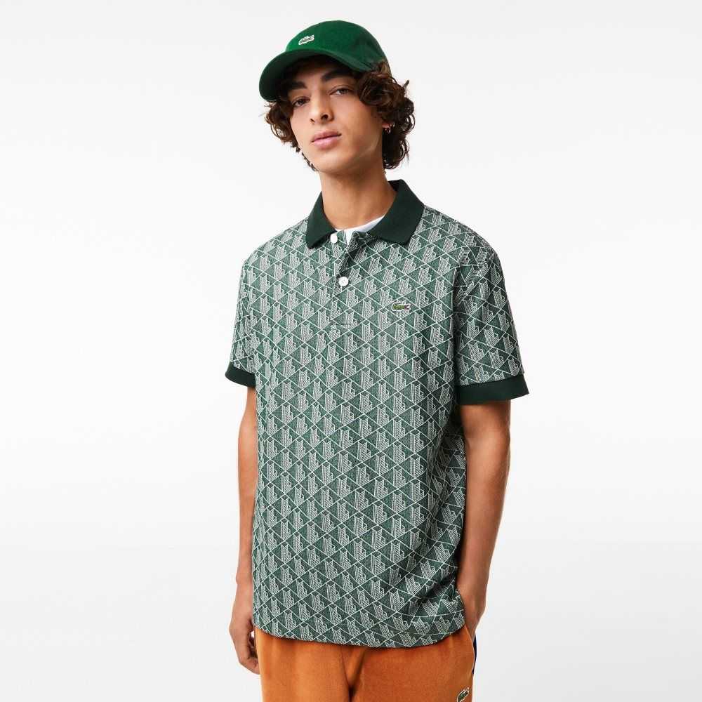 Lacoste Classic Fit Monogram Print Polo Green / Beige | ZLU-091627