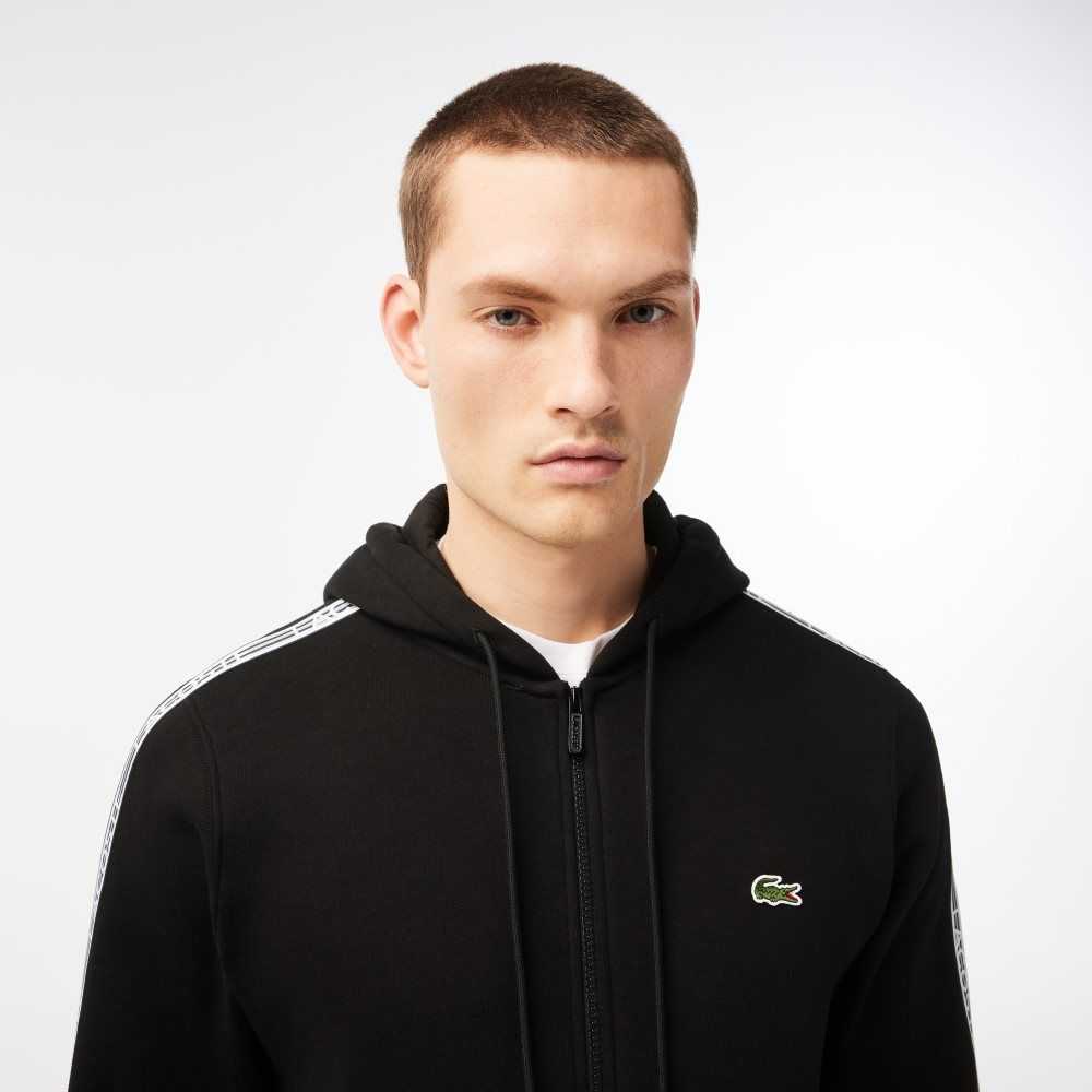 Lacoste Classic Fit Zipped Hoodie with Brand Stripes Black | FBS-647318