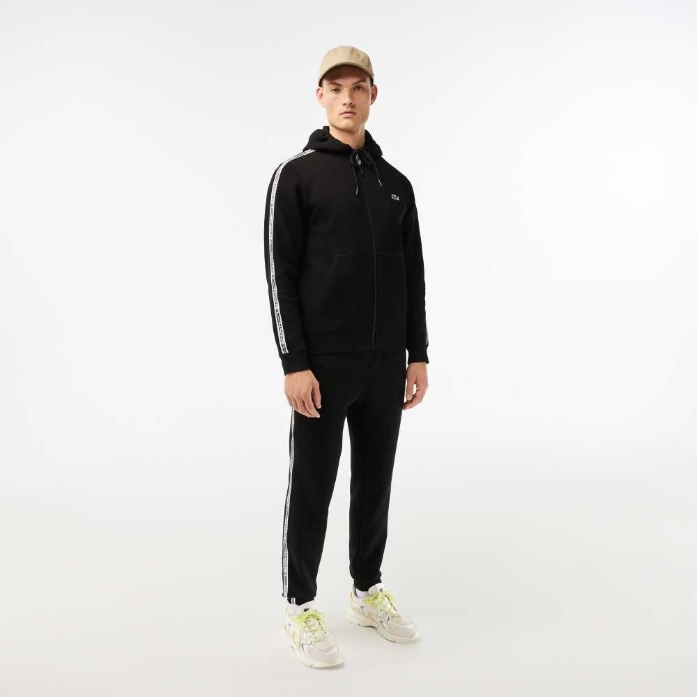 Lacoste Classic Fit Zipped Hoodie with Brand Stripes Black | FBS-647318