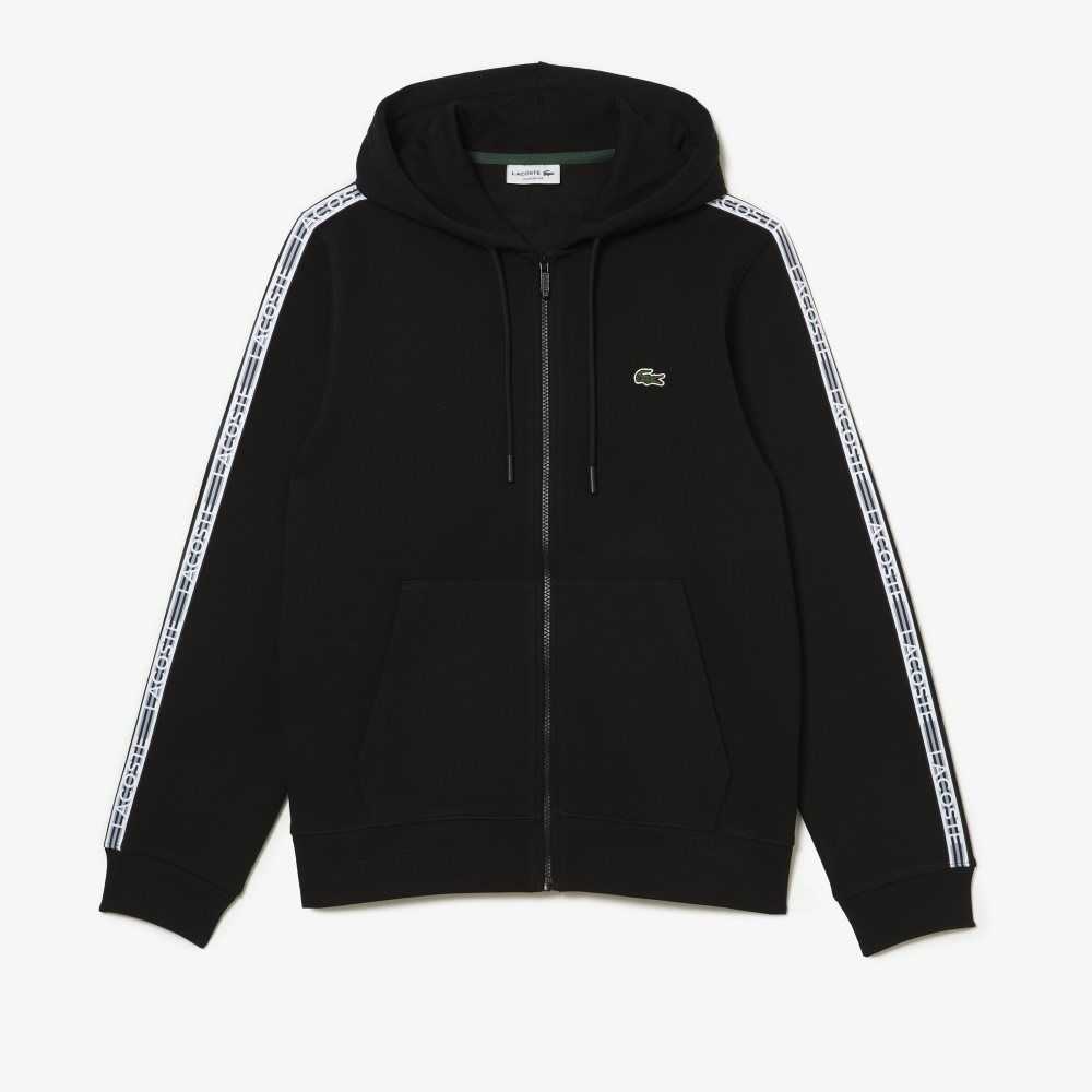 Lacoste Classic Fit Zipped Hoodie with Brand Stripes Black | FBS-647318