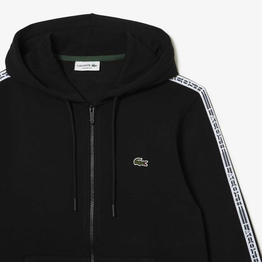 Lacoste Classic Fit Zipped Hoodie with Brand Stripes Black | FBS-647318