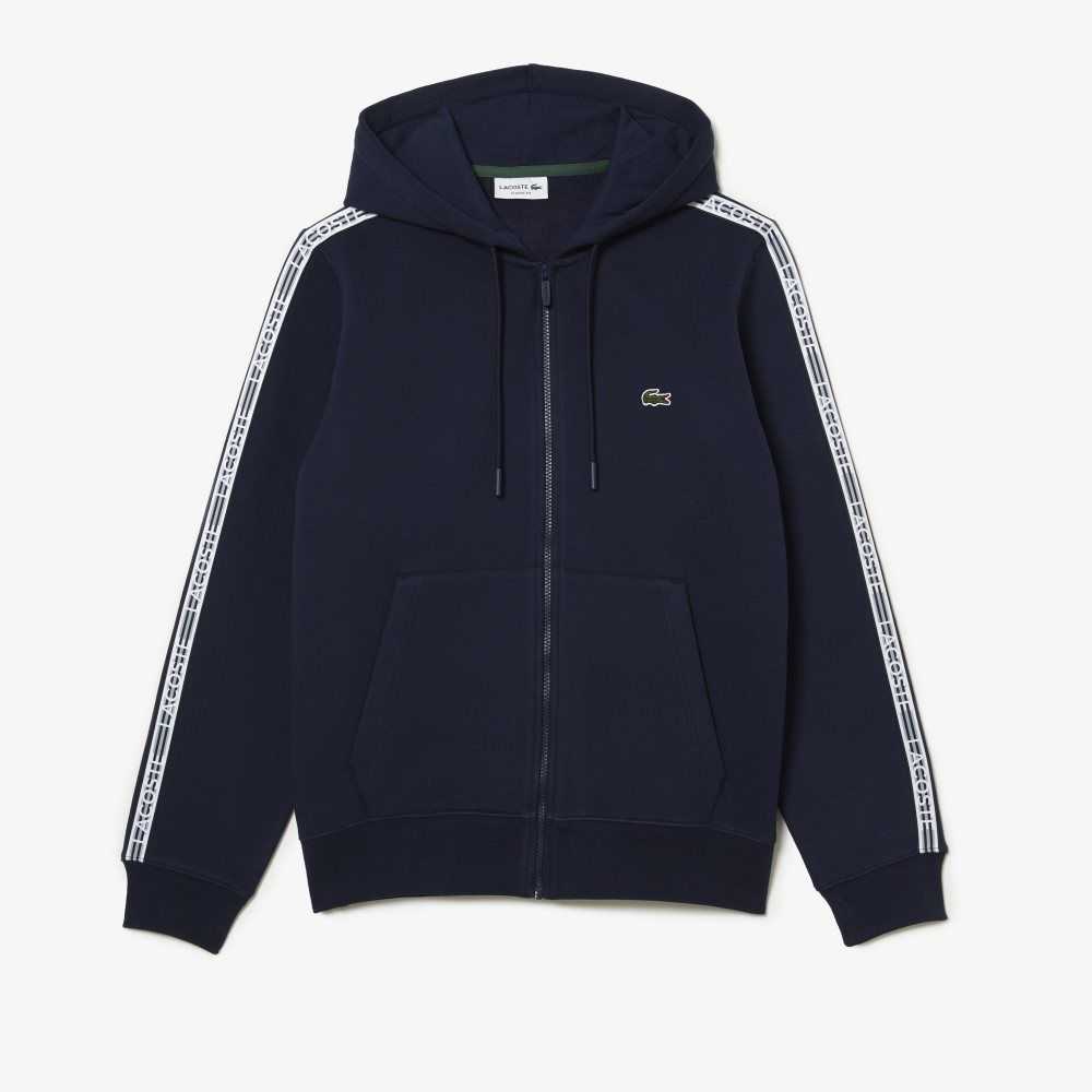 Lacoste Classic Fit Zipped Hoodie with Brand Stripes Navy Blue | PQM-940183