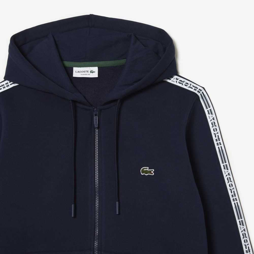 Lacoste Classic Fit Zipped Hoodie with Brand Stripes Navy Blue | PQM-940183