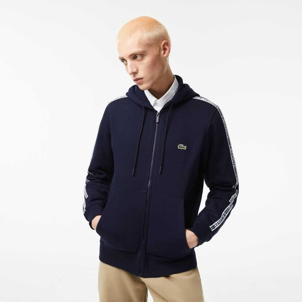 Lacoste Classic Fit Zipped Hoodie with Brand Stripes Navy Blue | PQM-940183