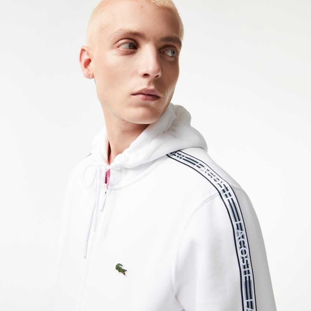 Lacoste Classic Fit Zipped Hoodie with Brand Stripes White | TPG-089623