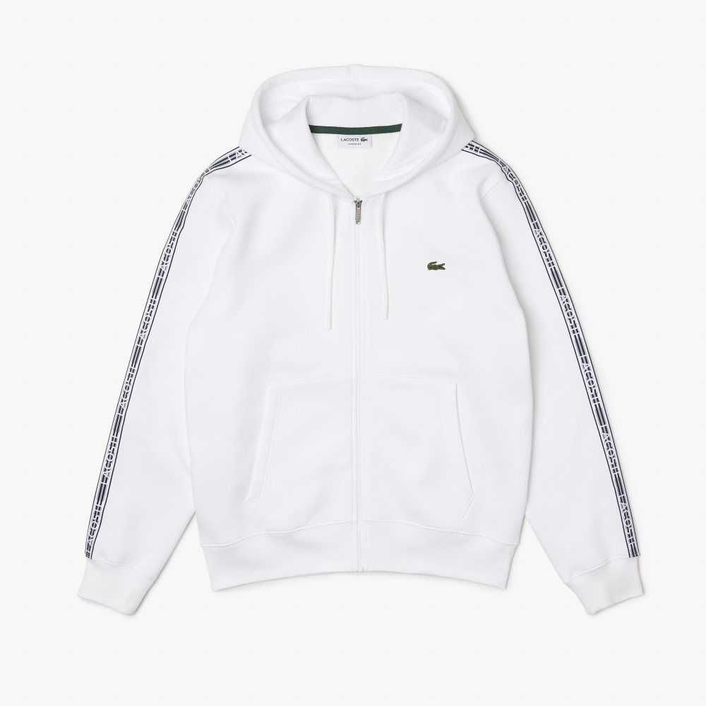 Lacoste Classic Fit Zipped Hoodie with Brand Stripes White | TPG-089623