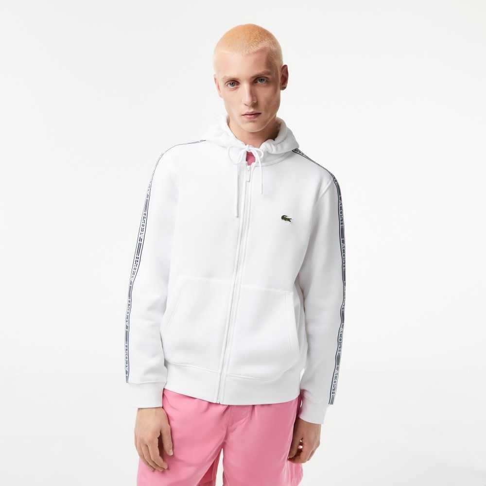 Lacoste Classic Fit Zipped Hoodie with Brand Stripes White | TPG-089623