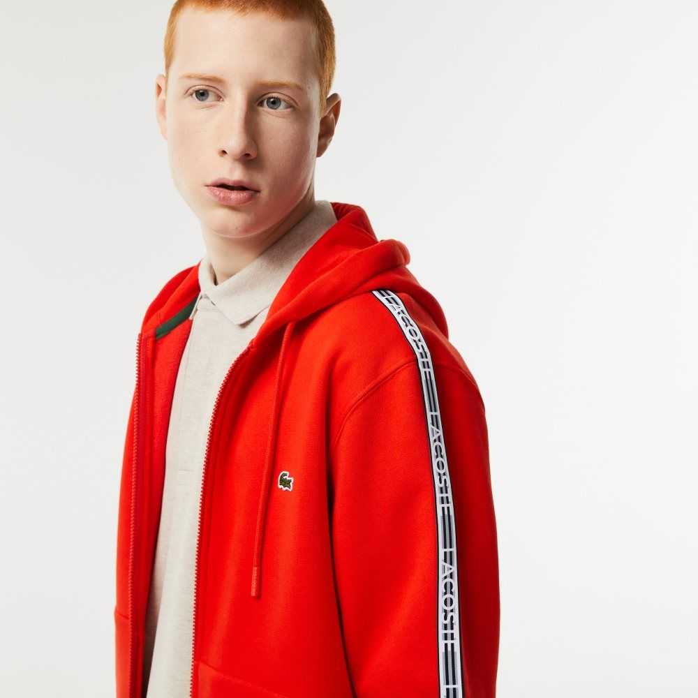 Lacoste Classic Fit Zipped Hoodie with Brand Stripes Red | YRN-678034