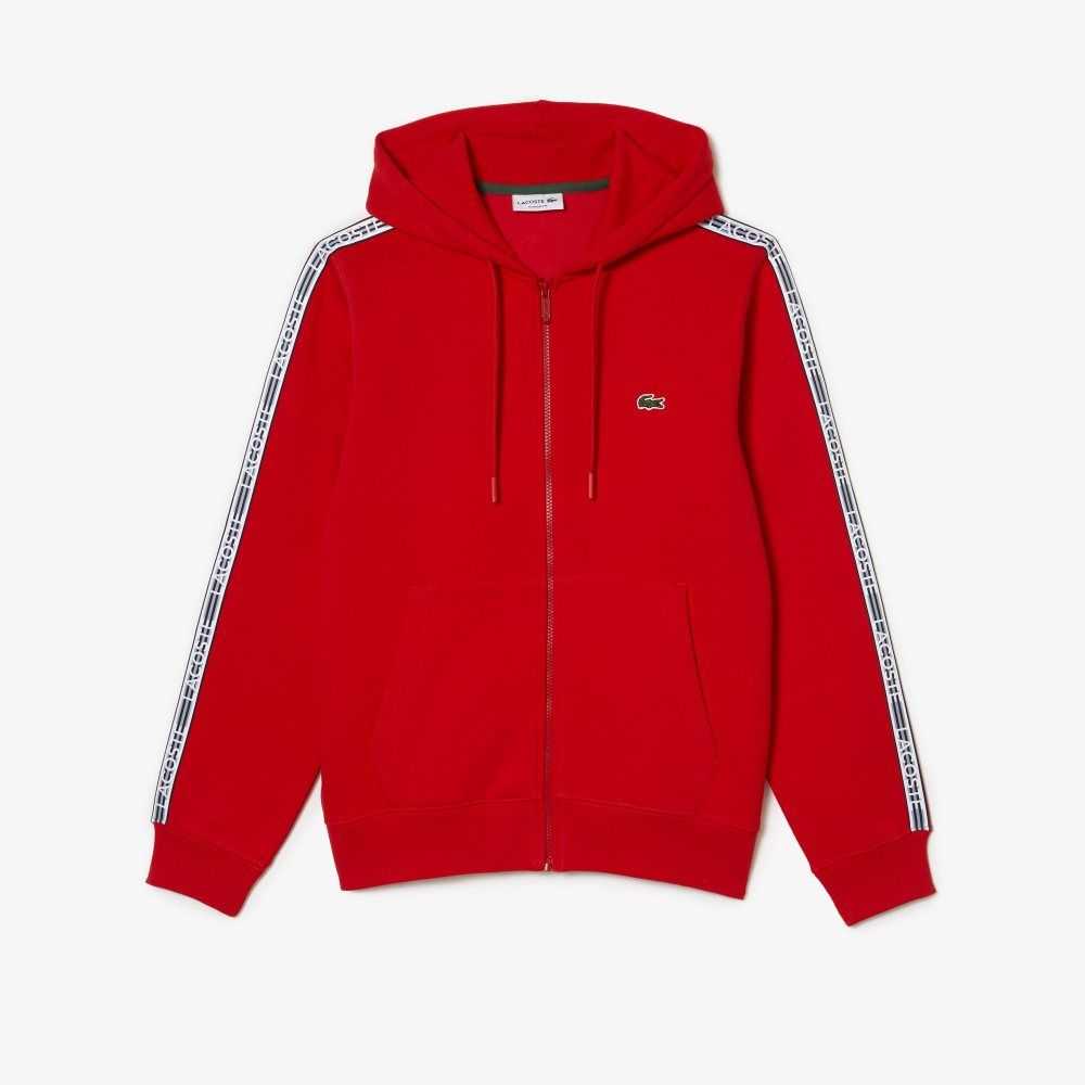 Lacoste Classic Fit Zipped Hoodie with Brand Stripes Red | YRN-678034