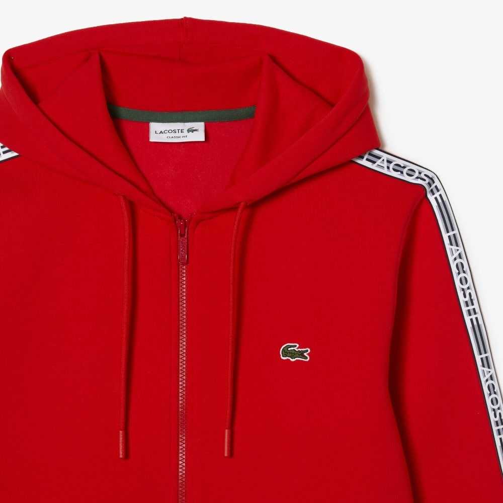 Lacoste Classic Fit Zipped Hoodie with Brand Stripes Red | YRN-678034