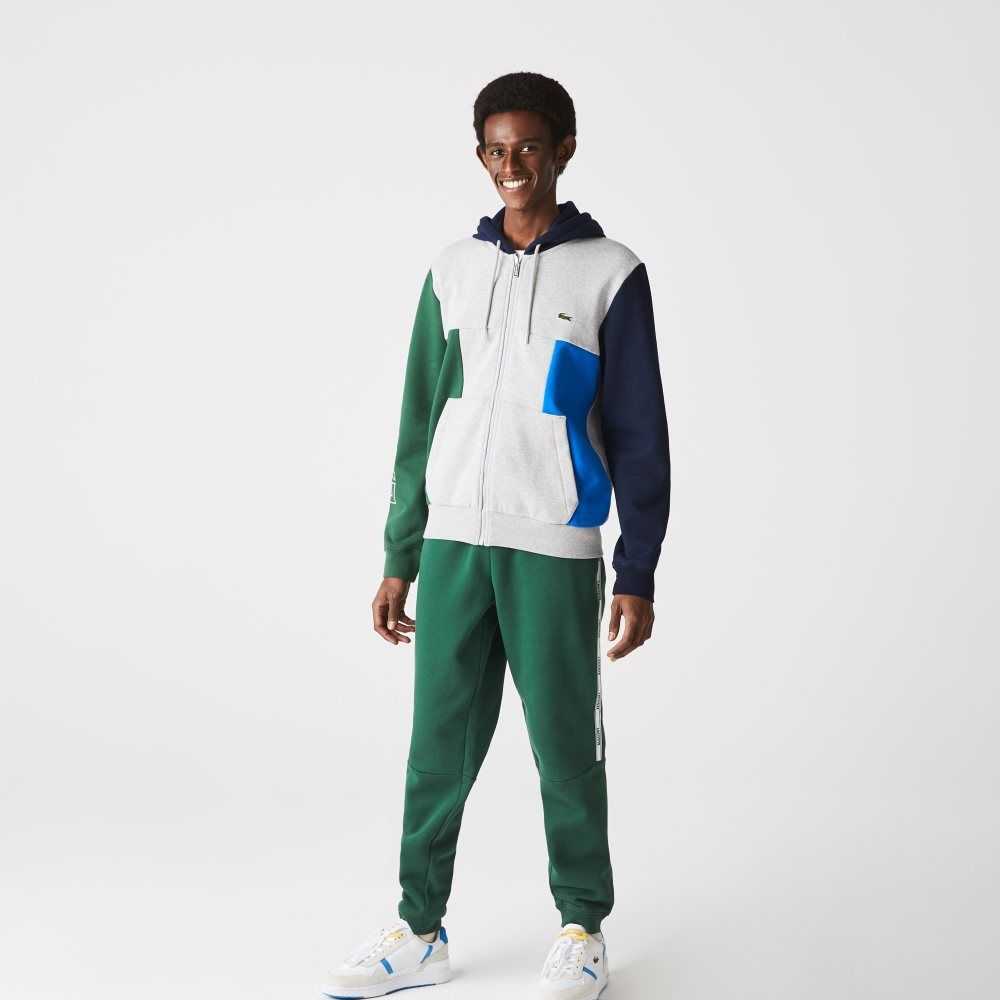 Lacoste Colorblock Zippered Fleece Hoodie Grey Chine / Green / Navy Blue / Blue | EZT-708513