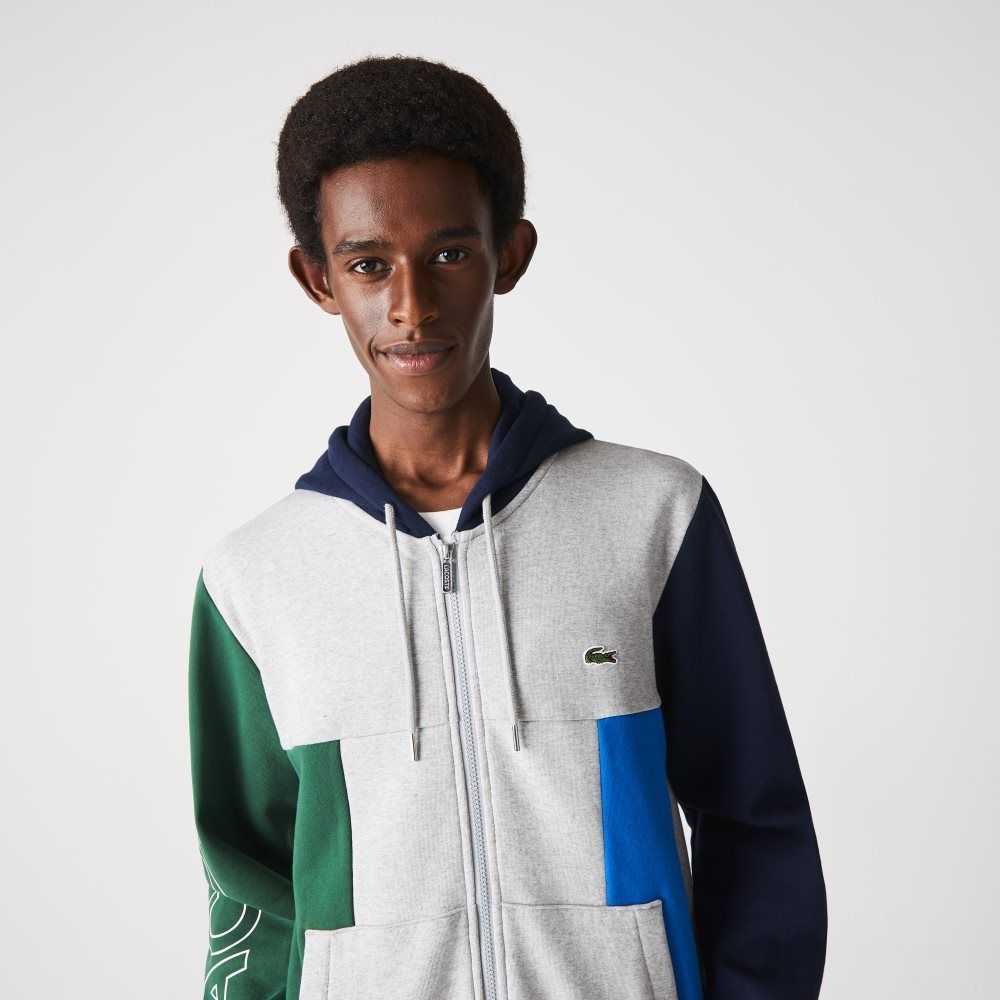 Lacoste Colorblock Zippered Fleece Hoodie Grey Chine / Green / Navy Blue / Blue | EZT-708513