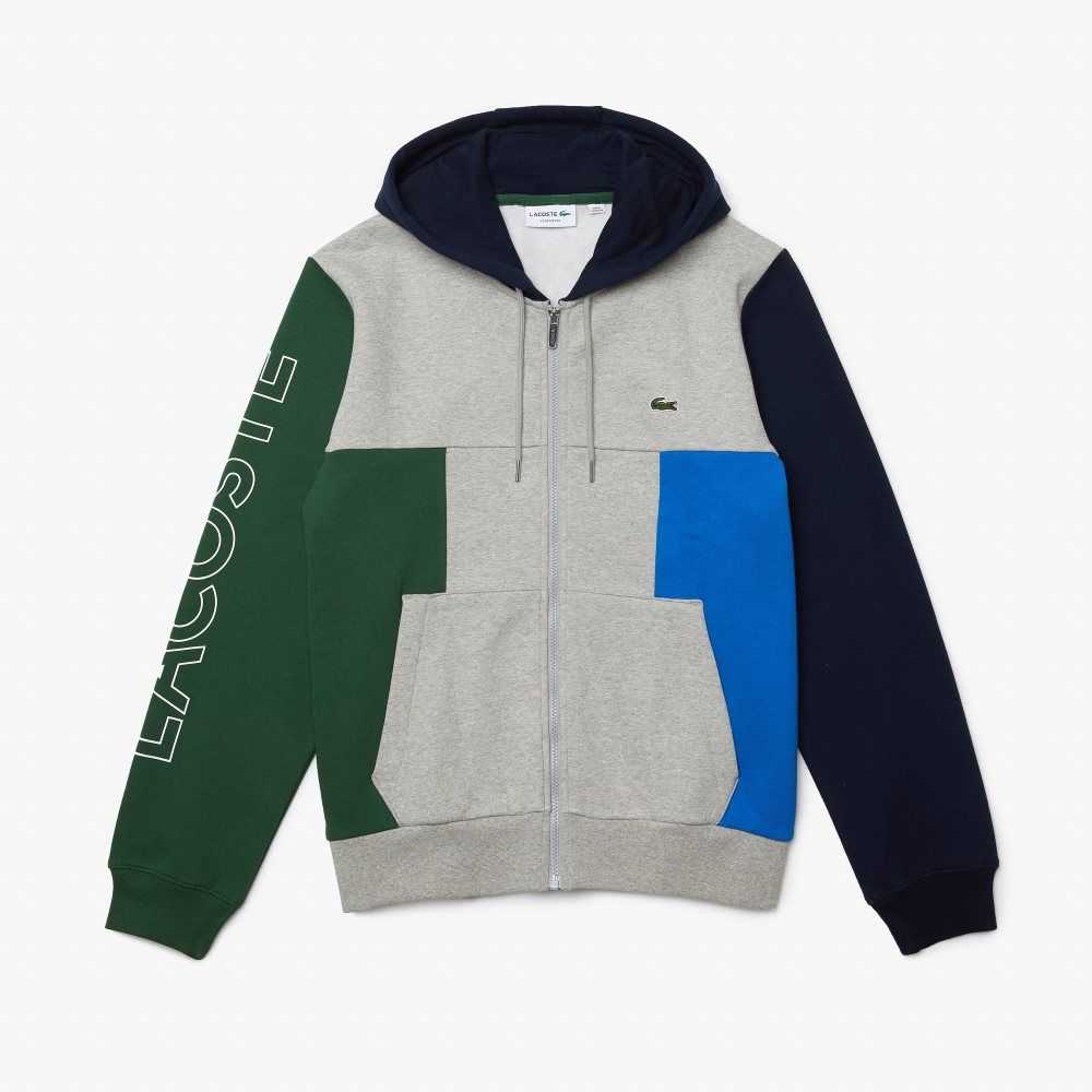 Lacoste Colorblock Zippered Fleece Hoodie Grey Chine / Green / Navy Blue / Blue | EZT-708513