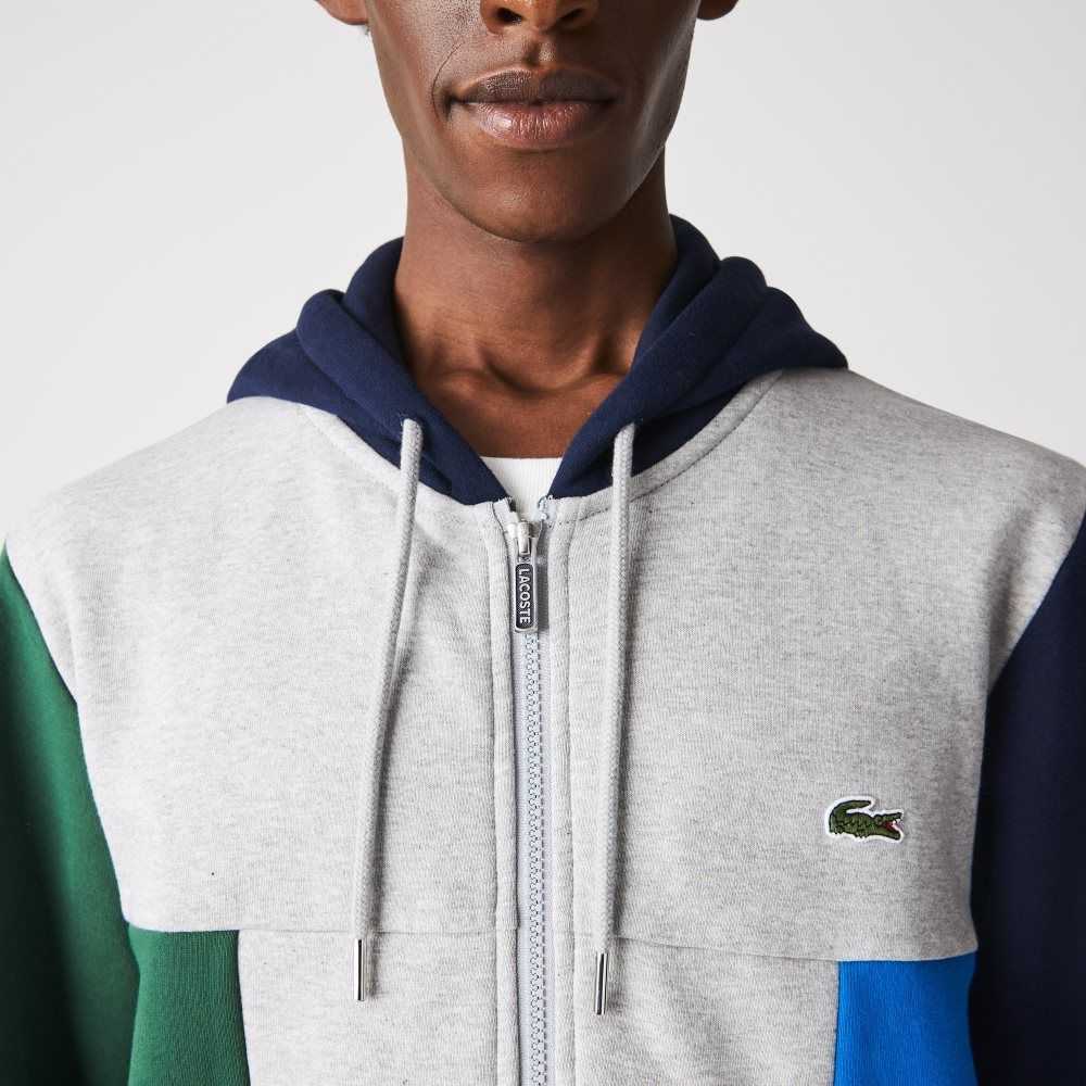 Lacoste Colorblock Zippered Fleece Hoodie Grey Chine / Green / Navy Blue / Blue | EZT-708513