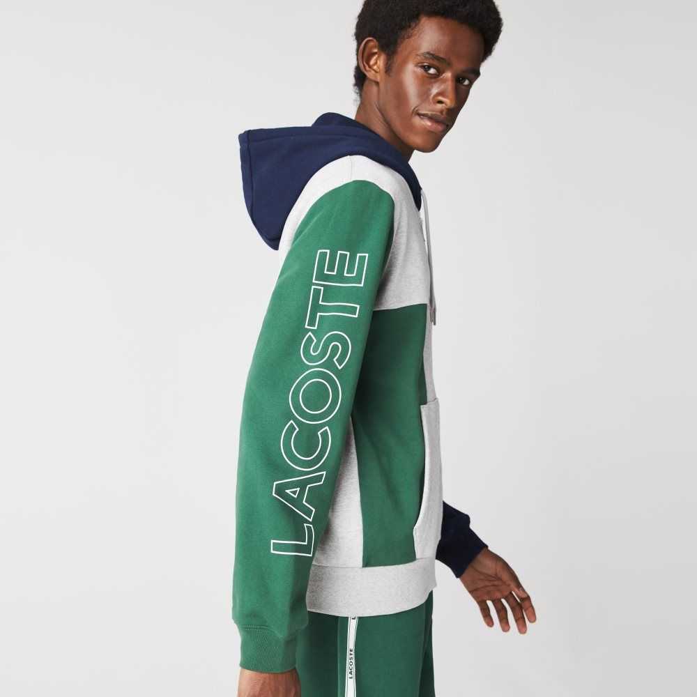 Lacoste Colorblock Zippered Fleece Hoodie Grey Chine / Green / Navy Blue / Blue | EZT-708513