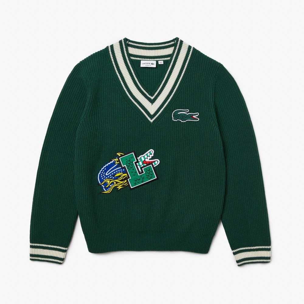 Lacoste Comic Badge Sweater Green / White | WAT-081743