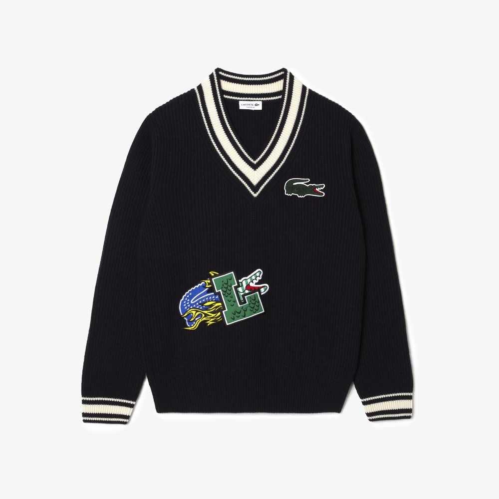 Lacoste Comic Badge Sweater Navy Blue / White | XTR-235108