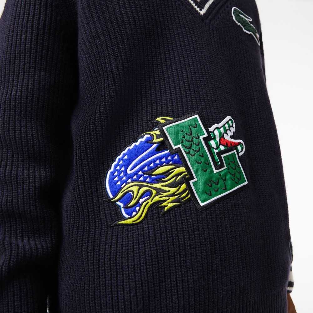 Lacoste Comic Badge Sweater Navy Blue / White | XTR-235108