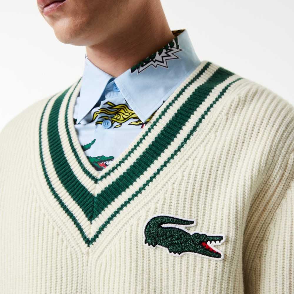 Lacoste Comic Badge Sweater White / Green | JTF-627345