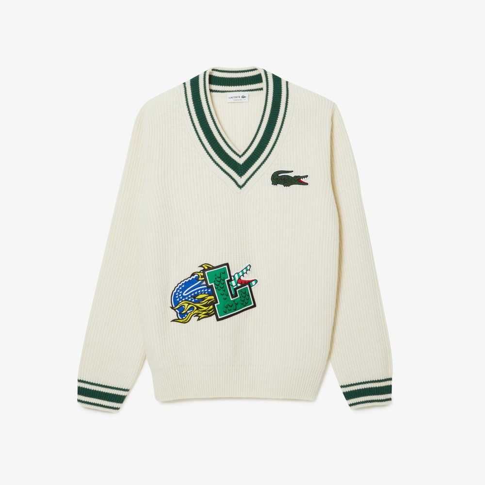 Lacoste Comic Badge Sweater White / Green | JTF-627345