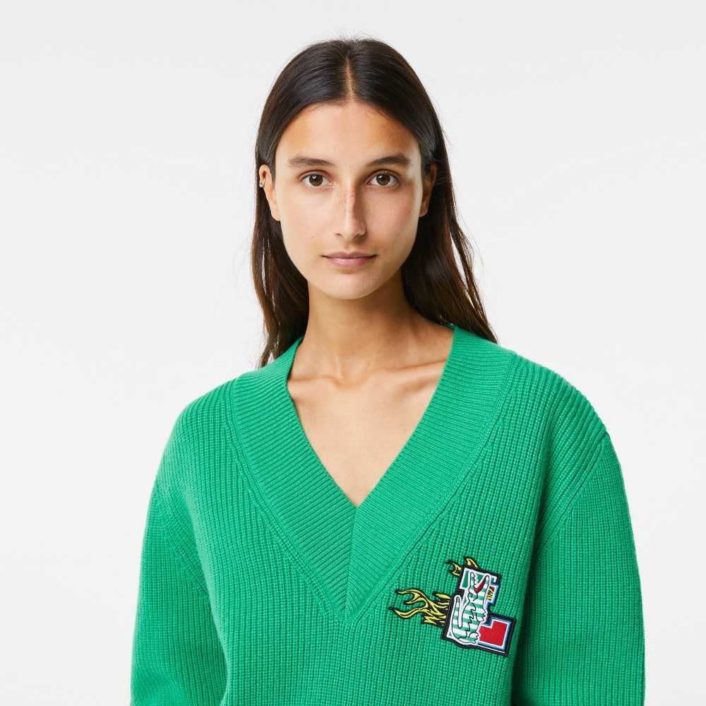 Lacoste Comic Badge V-Neck Wool Sweater Green | BXJ-835041