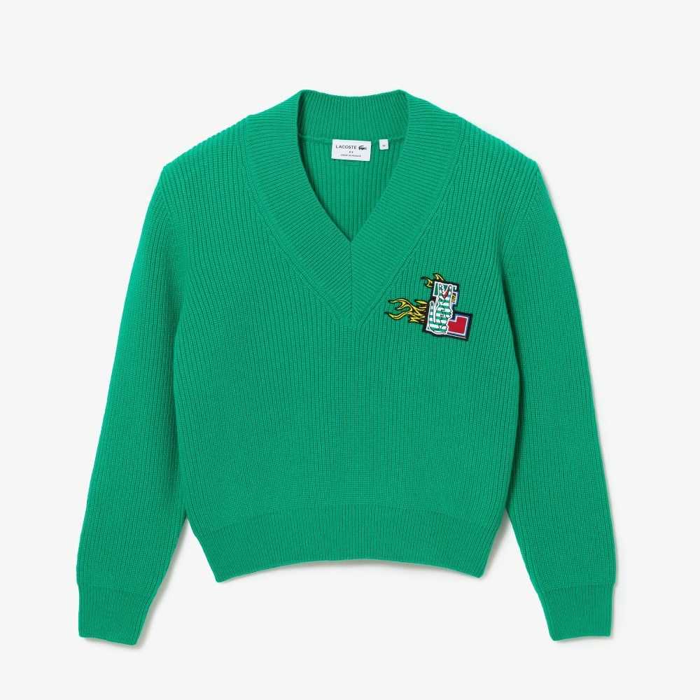 Lacoste Comic Badge V-Neck Wool Sweater Green | BXJ-835041