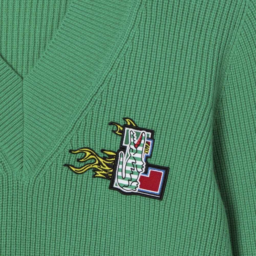 Lacoste Comic Badge V-Neck Wool Sweater Green | BXJ-835041