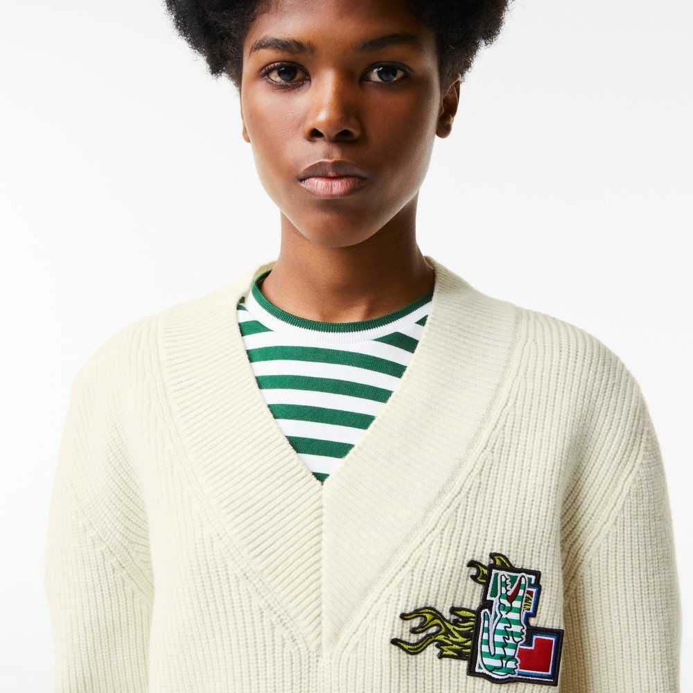 Lacoste Comic Badge V-Neck Wool Sweater White | VJG-497182