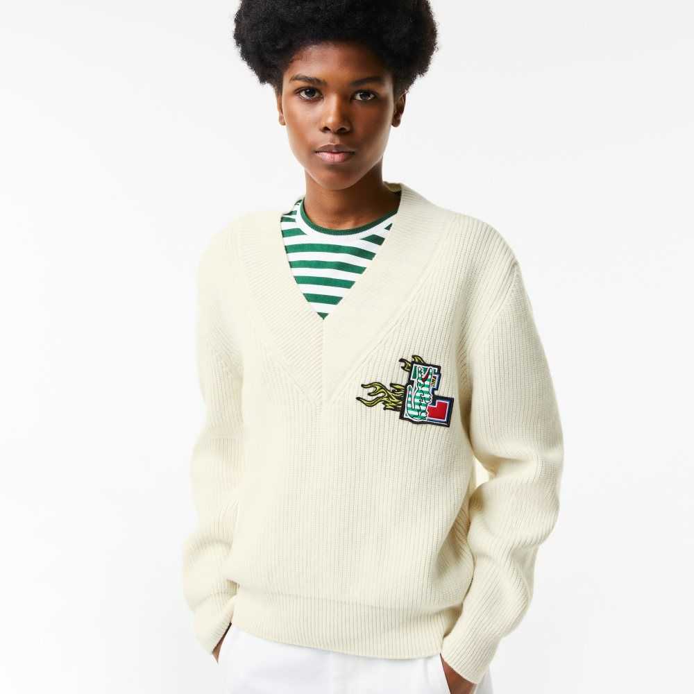 Lacoste Comic Badge V-Neck Wool Sweater White | VJG-497182