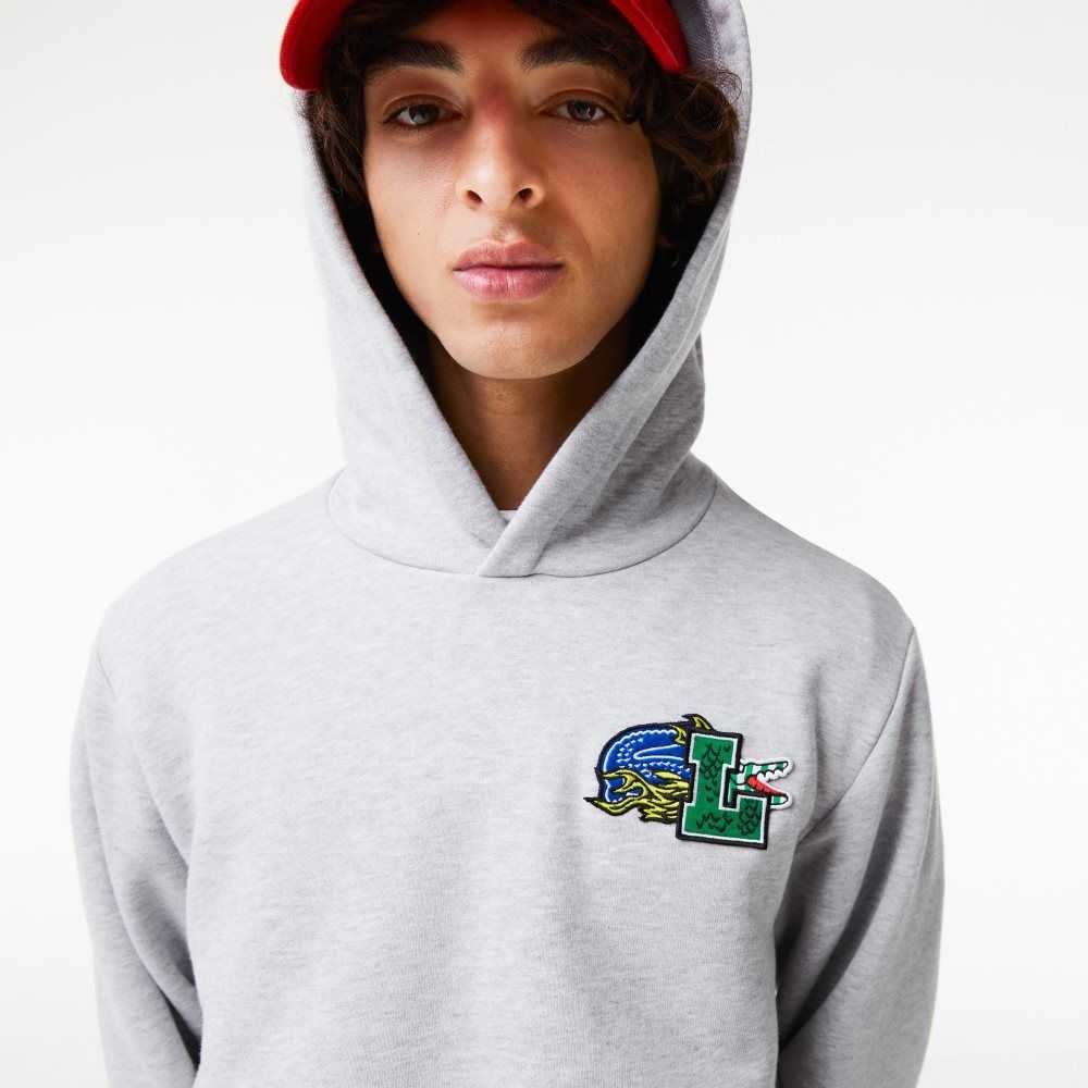 Lacoste Comic Effect Print Hooded Sweatshirt Grey Chine | TLD-386079