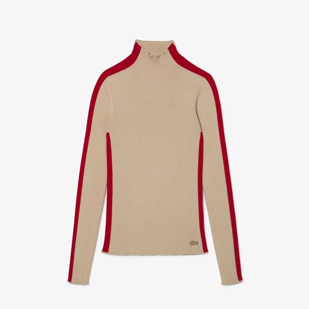 Lacoste Contrast Bands Seamless Sweater Beige / Red | GVI-578160