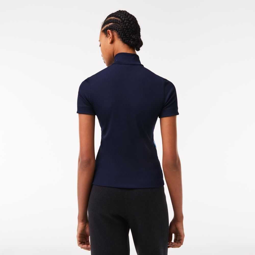 Lacoste Contrast Bands Zip Neck Polo Navy Blue | BEL-281097